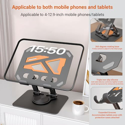 360° Swivel Tablet Stand for iPad, Adjustable Height & Angle Ergonomic Holder, Foldable Portable Desktop Mount for 4-12.9 inch Tablets & Phones, Non-Slip Base with Heat Vent - color: white
