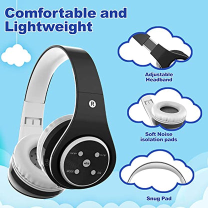 Woice Kids Bluetooth Headphones 85db/110db Volume Limit Wireless/Wired Aux Port Foldable Noise Protection Over-Ear Build-in Mic Headphones for Kids Adults Travel School Phone Pad Tablet PC Black