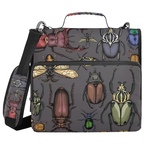 Fisyme Insects Vintage Bugs Zipper Binder 3 Ring with Zipper and Shoulder Strap Large Capacity Multi-Pocket Zipper Binder Organizer - color: Multi-black Grey