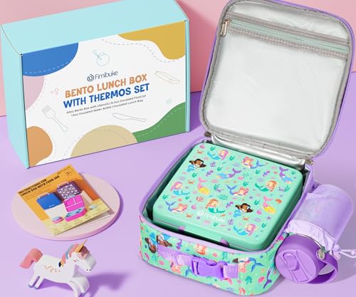 Fimibuke Bento Box for Kids Adult - Leakproof 3-4 Compartments Lunch Bento Box Set with Insulated Food Jar, Water Bottle, Lunch Bag, Sauce Cup & Cutlery for Toddler Teen Shcool Girl Boy Age 3+ - color: A1.Mermaids