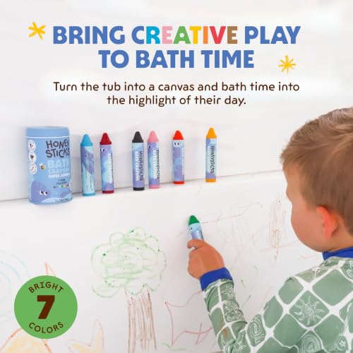 Honeysticks Super Jumbo Bath Crayons Non Toxic (7 Pack) for Toddlers 1-3 and Kids 4-8, Natural Beeswax Crayons, Food-Grade Colors, Fragrance Free, Non Irritating, Bath Toys for Bathtub, Shower, Gift