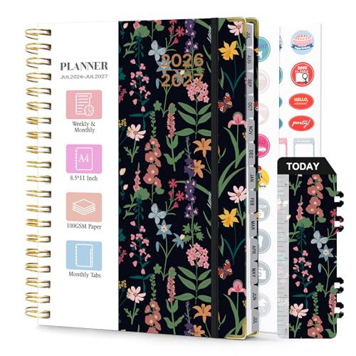 Planner 2026-2027, Weekly and Monthly Academic Planner, Jul 2026 - Jul 2027, 8.5"x11" Large Hardcover Daily Planner Calendar with Tabs for Women, Year Planning Agenda for Teacher and Student (Flowers-2) - color: Flowers-2
