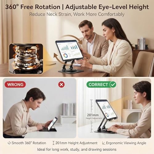 CTESNE【360°Rotation】iPad Stand for Desk【Foldable & Portable】【Carbon Steel Heavy-Duty Base】Adjustable Tablet Stand, Phone & Tablet Holder (Black)
