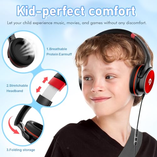 ADOOPE Kids Headphones with Safe 85dB/94dB Volume Limiter for Teen and Boys, Foldable HD Stereo Sound Headset for Kindle Kids/fire Tablet/iPad/Laptop, Headphones with Microphone (Black-red) - color: Black Red