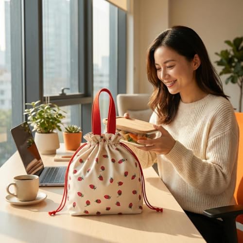 Solid Color & Fruit Print Lunch Bag, Insulated Leakproof Drawstring Pouch with 5mm Anti-Sag Base for Adult Work Commute Picnic (Strawberry Fruit Print) - color: Strawberry Fruit Print
