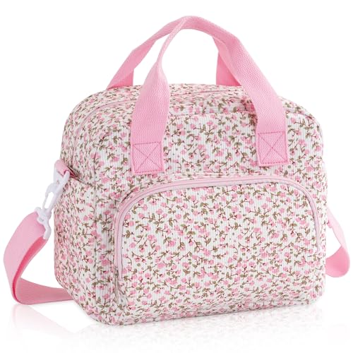 Large Lunch Bag for Women Quilted Lunch Box Reusable Cooler Bag Portable Cute Floral Corduroy Leakproof Tote Bags for Travel, Work, and Picnic, Pink Flower - color: Pink Flower, size: L