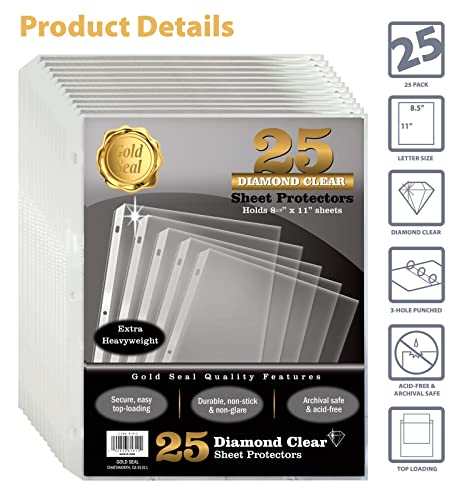 GOLD SEAL Sheet Protectors, 25 Pack 8.5 x 11 Anti-Glare Sheet Protectors for 3 Ring Binder, Top Load Page Protectors for 3 Ring Binder, Durable Clear Plastic Sleeves - size: 25 pack