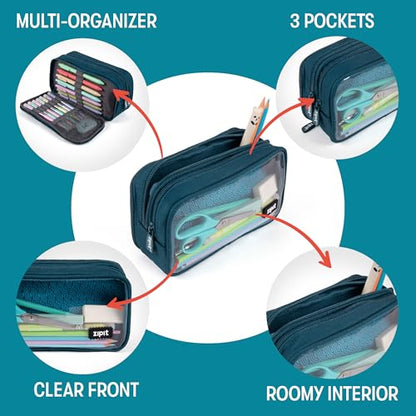 ZIPIT Half & Half Pencil Case, 3 Compartment Zipper Pouch for School, Stationery Bag for Teen Girls Boys and Adults, Teal - color: Teal