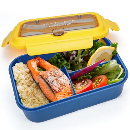 Fanhaw 40 Oz/5 Cup Bento Box for Kids, Men and Women, Lunch Box with 3 Compartments, Utensil, Microwave & Dishwasher Safe (Yellow) - color: Yellow