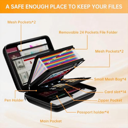 Fireproof File Organizer with Lock，Hard Case Fireproof Document Box with 13 Pockets Accordion File Folder，Portable Home Office Safe Storage for Important Documents Laptop （Black） ﻿