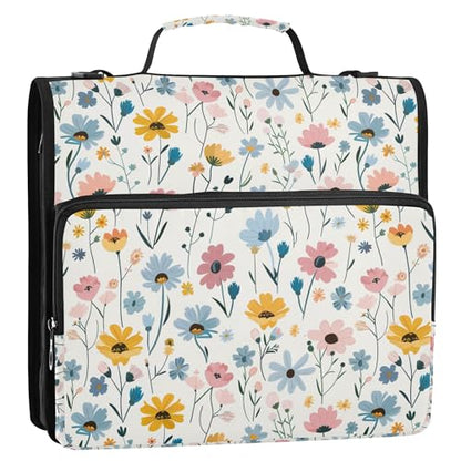 Cute Little Spring Blue Pink Flowers Zip Up Binder with Handle Easy to Carry 1.5 Inch 3 Rings Pencil Bags Portfolio Binder Stationery Supplies - color: Cute Little Spring Blue Pink Flowers