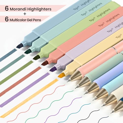 Taja 12 Pack Aesthetic Highlighters and Gel Pens Set, 6 No-Bleed Pastel Highlighters and 6 multicolor Ink Pens for Bible Study, Journaling, School and Office Supplies - style: Highlighters+Multicolor Pens