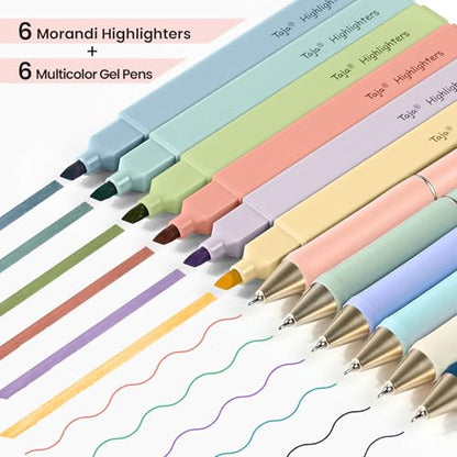 Taja 12 Pack Aesthetic Highlighters and Gel Pens Set, 6 No-Bleed Pastel Highlighters and 6 multicolor Ink Pens for Bible Study, Journaling, School and Office Supplies - style: Highlighters+Multicolor Pens
