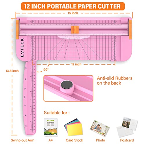 Evteck Paper Cutter 12 Inch Paper Trimmer Slider Crafting Scrapbooking Supplies for A4 Vinyl Photo Cardstock with Security Blade and Foldable Ruler - color: Pink