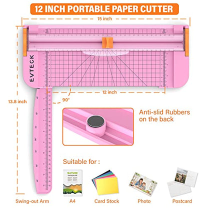 Evteck Paper Cutter 12 Inch Paper Trimmer Slider Crafting Scrapbooking Supplies for A4 Vinyl Photo Cardstock with Security Blade and Foldable Ruler - color: Pink