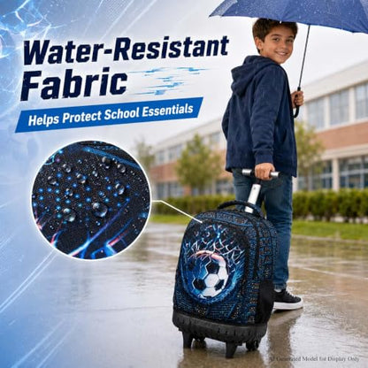 HPJGD 3PCS Soccer Rolling Backpack for Boys, Kids School Backpacks with Wheels, Water Resistant Roller Wheeled Bookbag Set with Lunch Box - color: Black Soccer Rolling Set