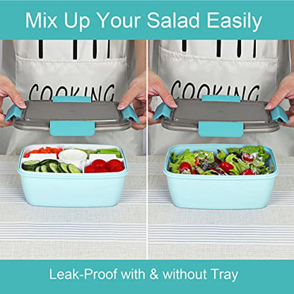 Caperci Large Salad Container Bowl for Lunch - Better Adult Bento Lunch Box 68 oz, 5-Compartment Tray, 2pcs 3-oz Sauce Cups, Stackable, BPA-Free (Aqua Sky) - color: Aqua Sky
