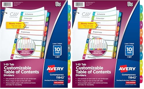 Avery Dividers for 3 Ring Binders,10 Tabs per Set,Customizable Table of Contents,Multicolor Arched Tabs,Great for Organizing Reports,Projects,and More (11842),(Pack of 2) - size: 10 Tab (Pack of 2)