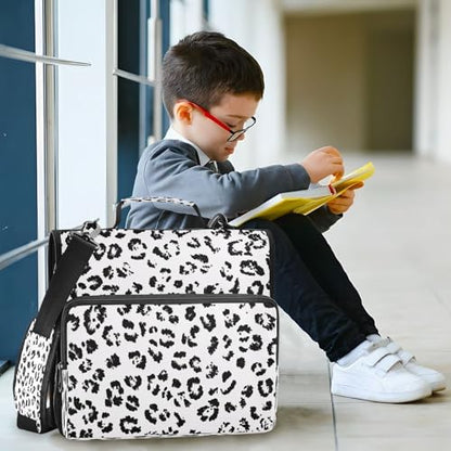 White Leopard Print Zippered Binder Bag with Handle and Shoulder Strap, 1.5 inch 3 Ring D Ring Expanding File Folder Waterproof Multiple Pockets Organizer Binder