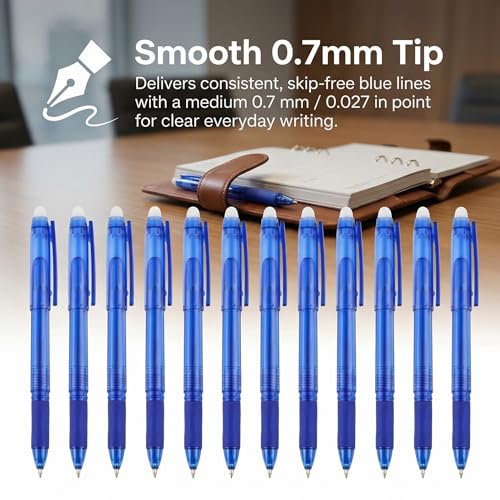 Volcanics Blue Erasable Gel Pens, 0.7mm Fine Point Gel Erasable Pens - Compatible with Rocketbook, 12 Pack, Smooth Writing Pens Pencil-Like Precision for School & Office - color: Blue, size: 1 Count (Pack of 12)
