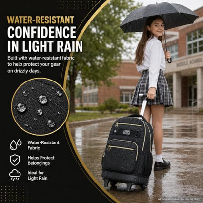 HPJGD 3PCS Rolling Backpack for Girls and Boys, Black School Backpacks with Wheels, Water Resistant Roller Wheeled Bookbag Set for Women Men - color: Classic Black Rolling Backpack Set