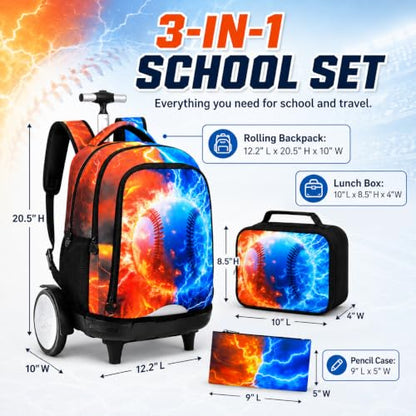 gxtvo Large Wheels & Quiet Glide | Rolling Backpack for Kids - Water-Resistant Wheeled Bag with Lunch Box for School, Travel & Outings - Fire & Lightning Baseball - color: Rolling Backpack Fire Lightning Baseball