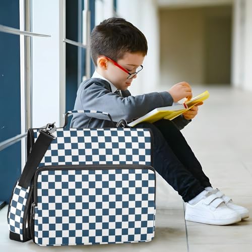 Navy White Checkered Binder Bag 3 Ring Zipper Binders with Shoulder Strap for School Office Organizer Storage - color: Q019