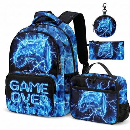 Game Backpack Set for Boys Kids – 17" Large Capacity Gaming School Bag with Lunch Box, Pencil Bag and Coin Purse (Blue) - color: Blue-1