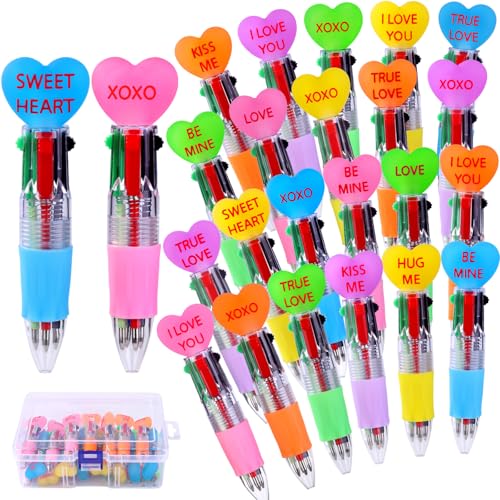 Vellibring 24pcs Valentine's Day Hearts Pens Cute Cartoon Multicolor Pen Fun 4-in-1 Pens Bulk Be Mine Love XOXO Valentines Stationery Party Favors School Supplies Students Rewards - style: Valentines Hearts-24pcs