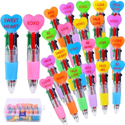 Vellibring 24pcs Valentine's Day Hearts Pens Cute Cartoon Multicolor Pen Fun 4-in-1 Pens Bulk Be Mine Love XOXO Valentines Stationery Party Favors School Supplies Students Rewards - style: Valentines Hearts-24pcs