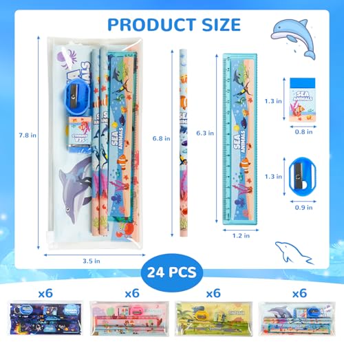 24 Sets Back to School Gifts Cute Stationery Set Back to School Supplies First Day of School Bithday Gifts Including Pencils Eraser Ruler Sharpeners for Classroom Rewards