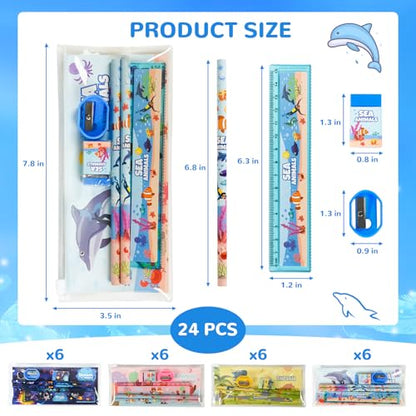 24 Sets Back to School Gifts Cute Stationery Set Back to School Supplies First Day of School Bithday Gifts Including Pencils Eraser Ruler Sharpeners for Classroom Rewards
