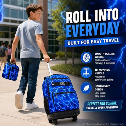 gxtvo Rolling Backpack for Boys, Men Roller Bookbag with Lunch Box for Adults, Water Resistant Wheeled School Bag for College Teens Kids Travel - Cool Lightning - color: Rolling Backpack Lightning Blue