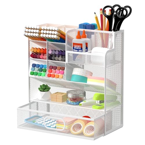 Mesh Pen Organizer for Desk, Multi-Functional Pencil Holder with Drawer Desk Organizers, Large Capacity Storage for School Office Home Supplies (White) - color: White