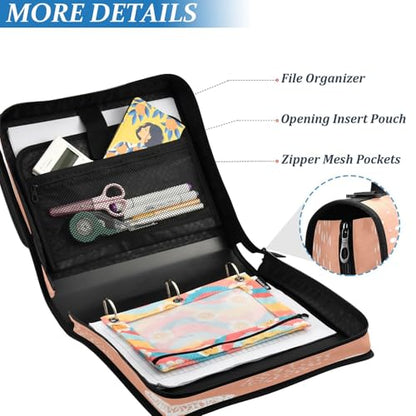 Peach Dot Design Zipper Binder 3 Ring with Shoulder Strap and Handle Multiple Pockets Expanding File Folder Organizer