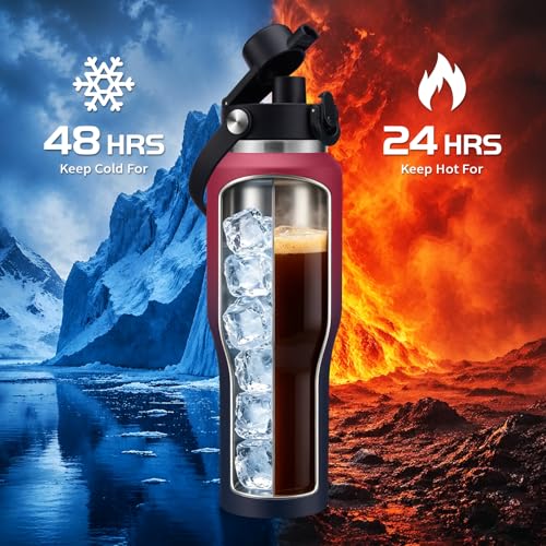 32oz Stainless Steel Water Bottle, Cold-48H & Hot-24H, Water Flask Thermal with Straw & Spout Lids, Pouch, Vacuum Insulated Bottle for Gift Black - color: Black, size: 32 Ounces