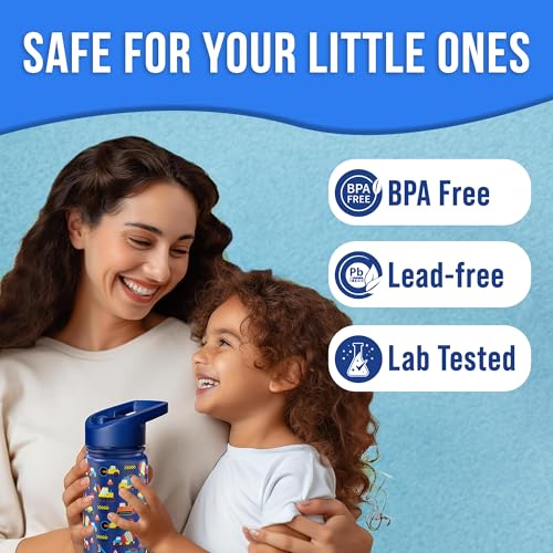 Klevly Stainless Steel 14 OZ Kids Water Bottle with Straw | BPA-Free Insulated Water Bottle with Leak-Proof Lid | Construction Design Bottle for School - color: Construction