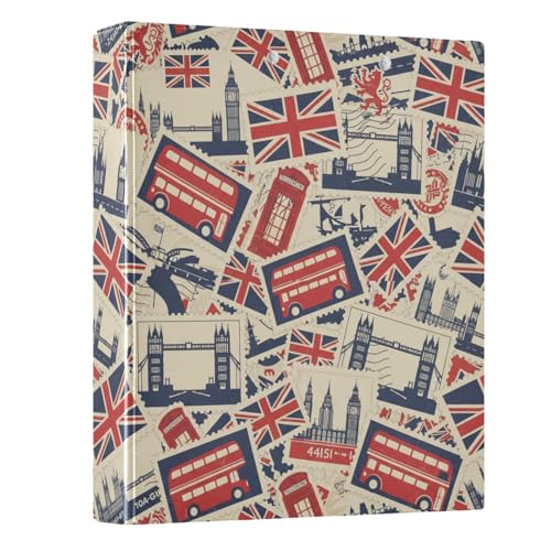 British Flag Beige Print 3 Ring Binder 1.5 Inch Binders 3 Ring Three Ring Binder Organizer with Clipboard & 3 Pockets Letter Size for Paper Work Recipes Office Supplies 1 Pack
