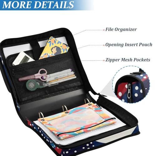 4th of July Circles Point Stars Blue Zipper Binder 3 Ring 1.5 Inch School Binder Organizer with Shoulder Strap Handle File Folder Pockets Large Capacity Students Girl Boy Men Office Work - color: 4th of July Circles Point Stars Blue