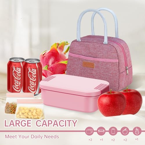 JBGOYON 4-in-1 Bento Box and Insulated Lunch Bag Set, Pink | 6-hour insulation, 7.5 L lunch bag, leakproof 1.9 L container with 2 sauce cups, fork and spoon, 2 snack bags, BPA-fre - color: Pink