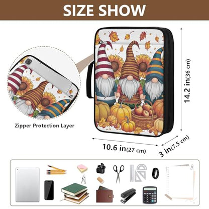 Heavy-Duty 3-Hole Ring System Binder Organizer Portfolio with 7-Slot Smart Filing Sleeve, Autumn Gnomes Pumpkins Portable Expanding File Folder with 5 Elastic Pen Slots