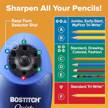 Bostitch Office QuietSharp Electric Pencil Sharpener, Heavy Duty Classroom or Office Use, with 6 Size Options, Blue - color: Blue