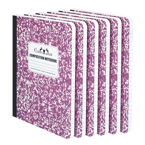 CLEENTABLE Composition Notebook 5 Pack, Wide Ruled Paper, Marble Cover Notebooks for School, 9.75 x 7.5 Inches, 100 Sheets (200 Pages), Sewn Binding Comp Books, Purple
