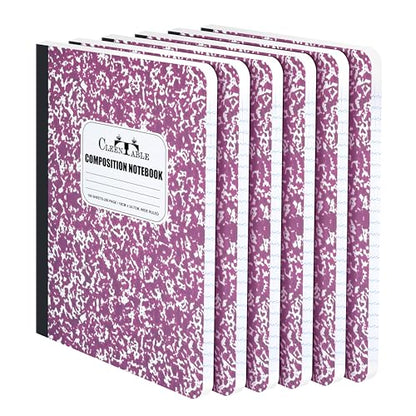 CLEENTABLE Composition Notebook 5 Pack, Wide Ruled Paper, Marble Cover Notebooks for School, 9.75 x 7.5 Inches, 100 Sheets (200 Pages), Sewn Binding Comp Books, Purple
