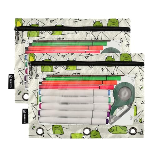 ZAZYXTJ Frog Binder Pencil Pouchs 3 Ring with Zipper Clear Window Office Organizers bag for School Students Teacher Supplies 2 Pack - color: Frog