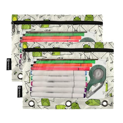 ZAZYXTJ Frog Binder Pencil Pouchs 3 Ring with Zipper Clear Window Office Organizers bag for School Students Teacher Supplies 2 Pack - color: Frog
