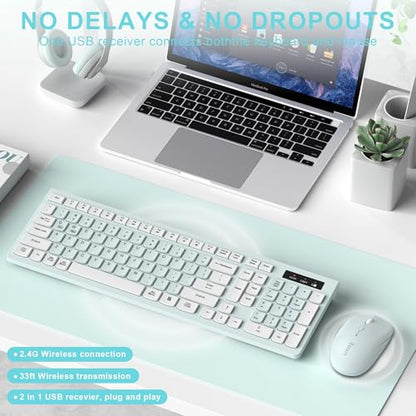Wireless Keyboard and Mouse Combo, Full-Sized Wireless Keyboard and Adjustable DPI Mouse, 2.4GHz USB Receiver, Keyboard and Mouse for PC, Windows, Desktop, Laptop (Mint Green and White) - color: Mint Green and white