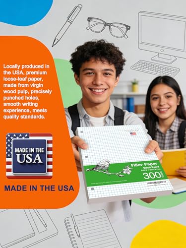WritePads Graph Paper Loose Leaf Paper, 300 Sheets, 8 x 10.5 Inch 4x4 Quad Ruled Graphing Paper, 3 Hole Punched Filler Notebook Paper for 3 Ring Binders, 65 GSM, Made in USA - color: Graph Ruled Filler Paper, size: 3 Pack (300 Sheets)