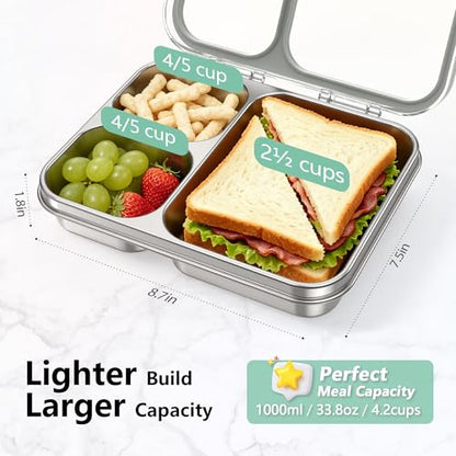 HOMEKOL Stainless Steel Bento Lunch Box 3-Compartment, 4.2Cups, Grey | Leak-Proof Metal Lunch Container for Kids & Adults, BPA-Free, Dishwasher Safe, Clear Tritan Lid, 1000ml (Not Insulated) - color: Gray, size: 34oz (1000ml)