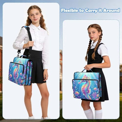 Seahorse 2-inch 3 Ring Zipper Binder with Shoulder Strap Holds 14 Inch Laptop for Students and Office - color: Seahorse